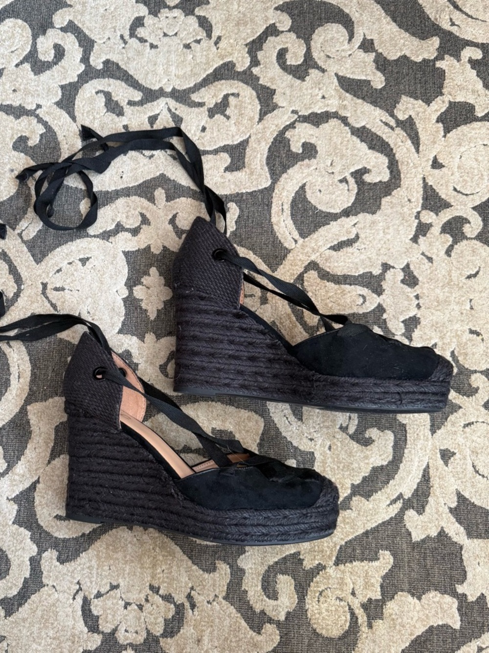 Black Espadrille Wedge Lace-Up Heels